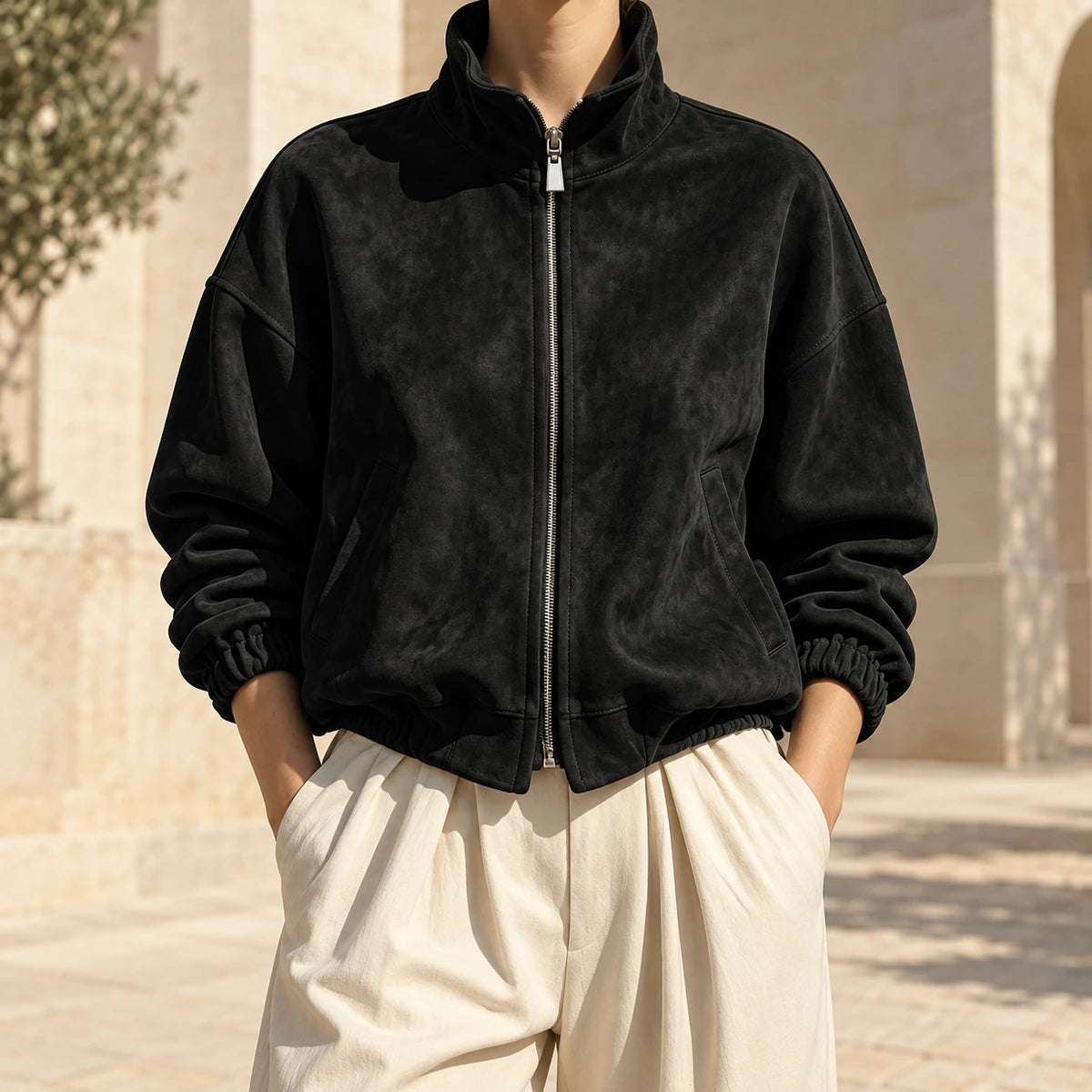 Suede-Effect Jacket | Adeline in Black neck down lifestyle view