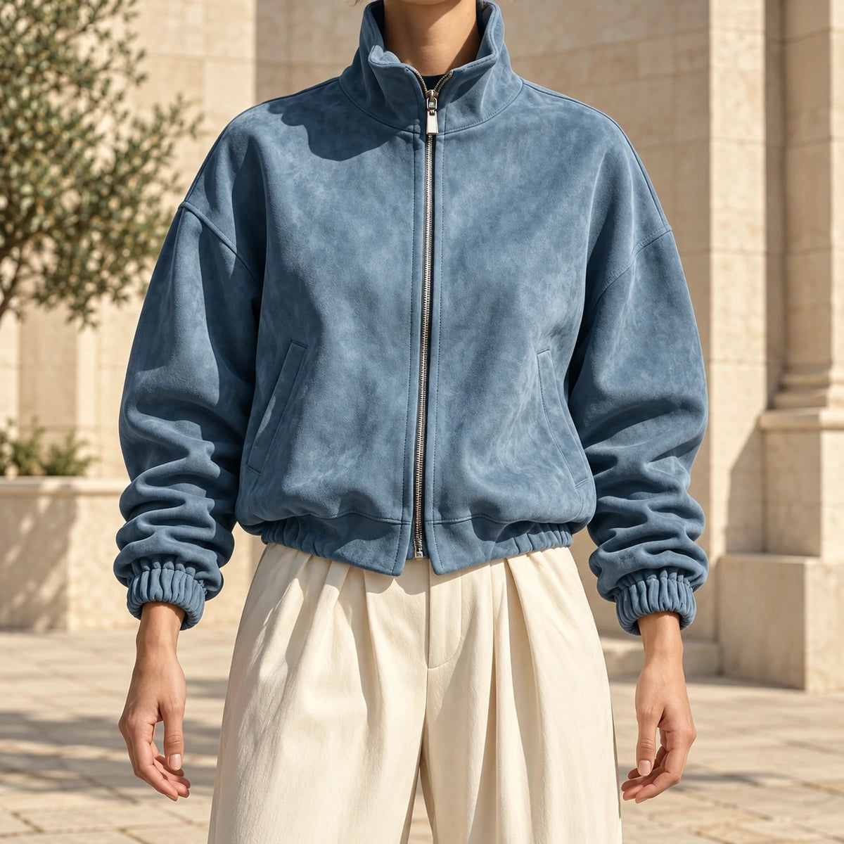 Suede-Effect Jacket | Adeline in Blue neck down lifestyle view