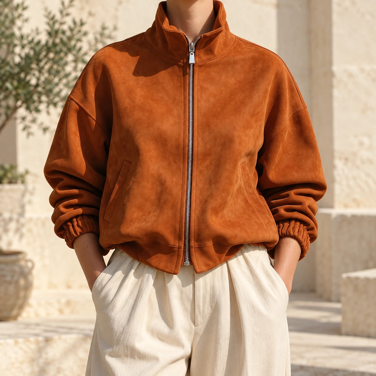 Suede-Effect Jacket | Adeline in Brown neck down lifestyle view