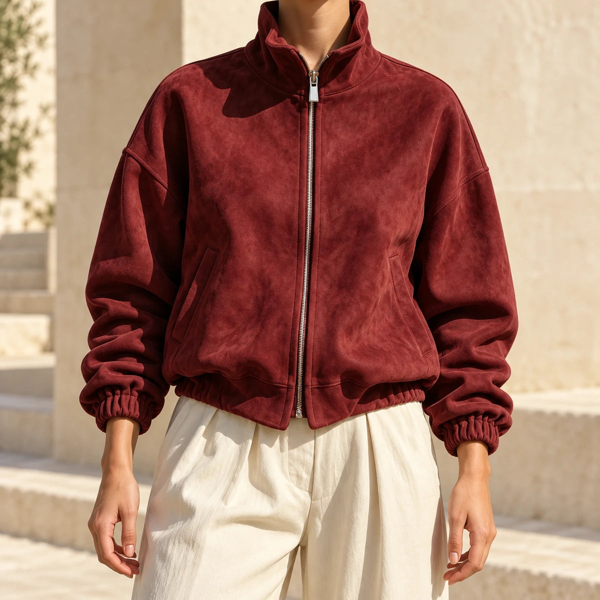 Suede-Effect Jacket | Adeline in Red neck down lifestyle view