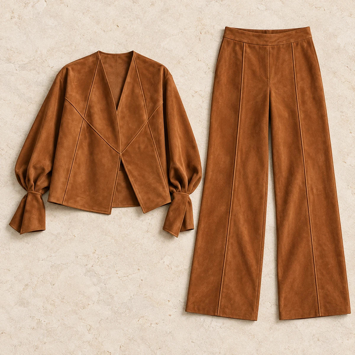 Suede-Effect Trouser Set | Matilda Brown flatlay