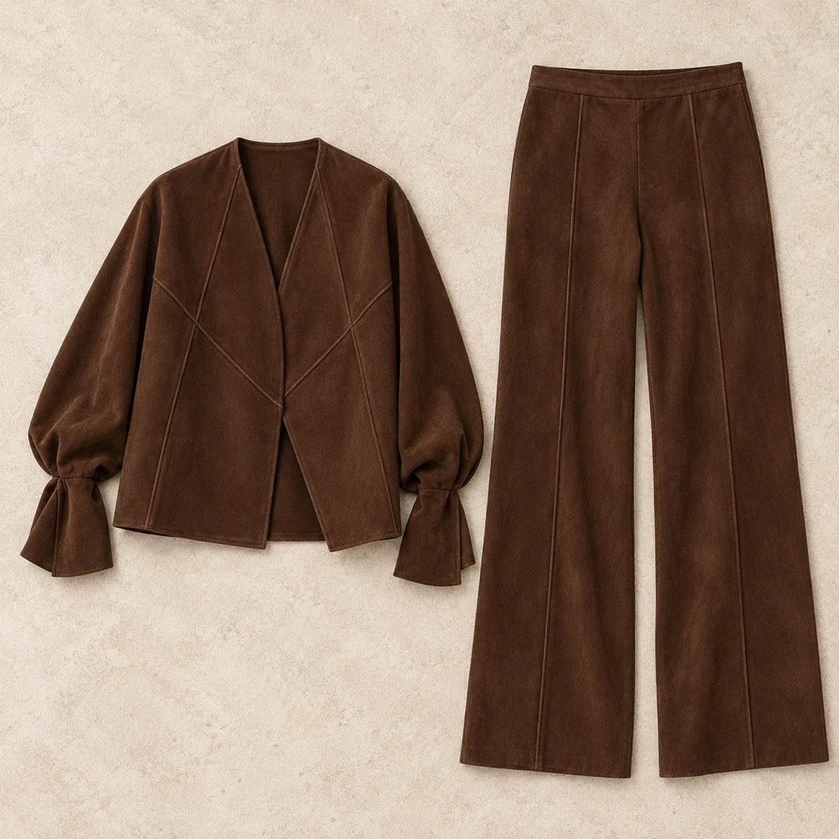 Suede-Effect Trouser Set | Matilda Dark Brown flatlay