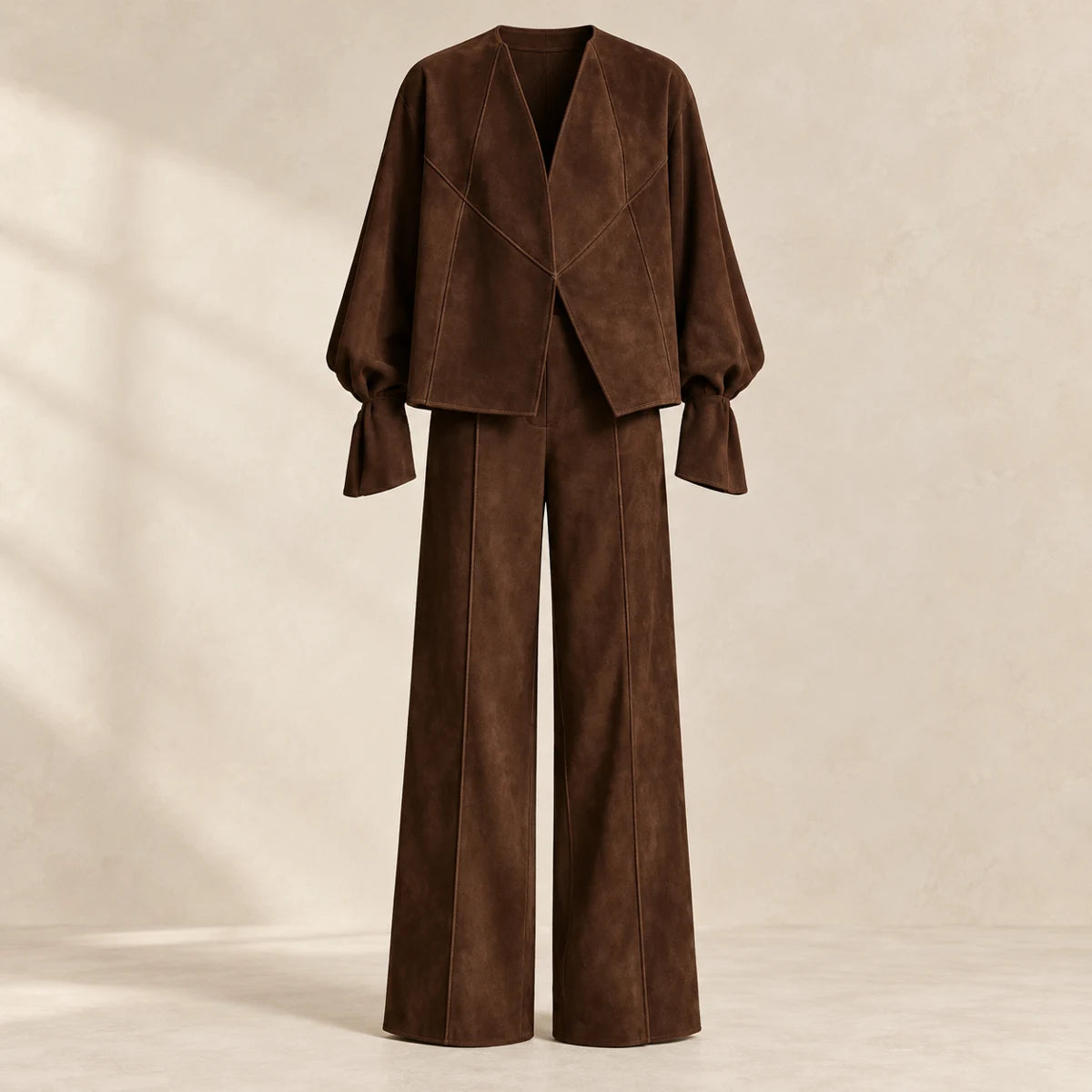 Suede-Effect Trouser Set | Matilda Dark Brown front