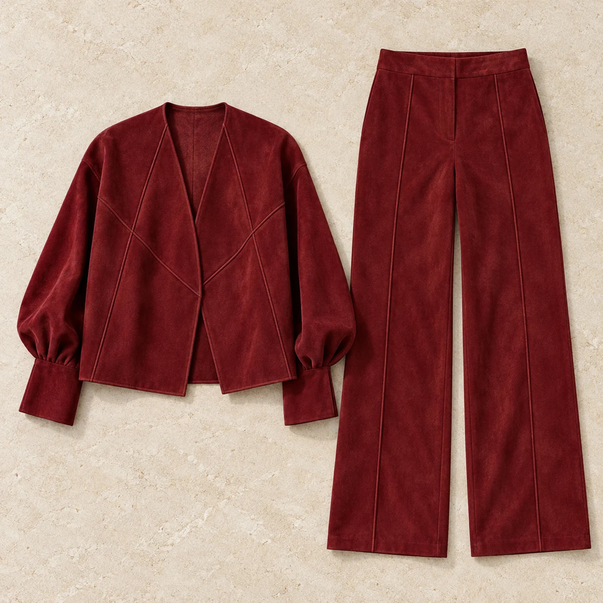 Suede-Effect Trouser Set | Matilda Red flatlay