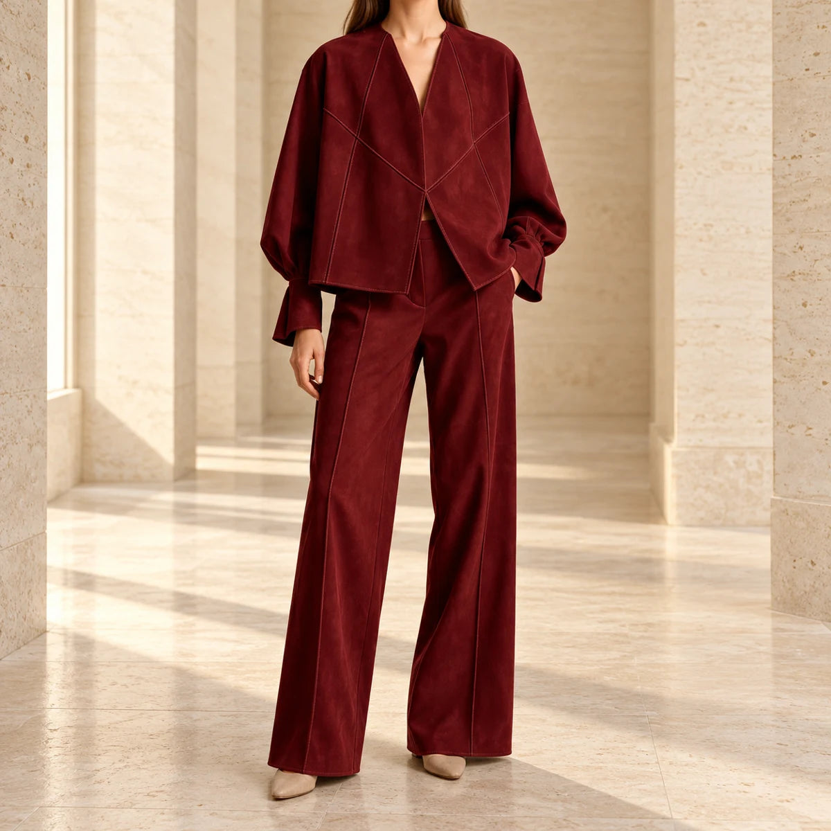 Suede-Effect Trouser Set | Matilda Red lifestyle