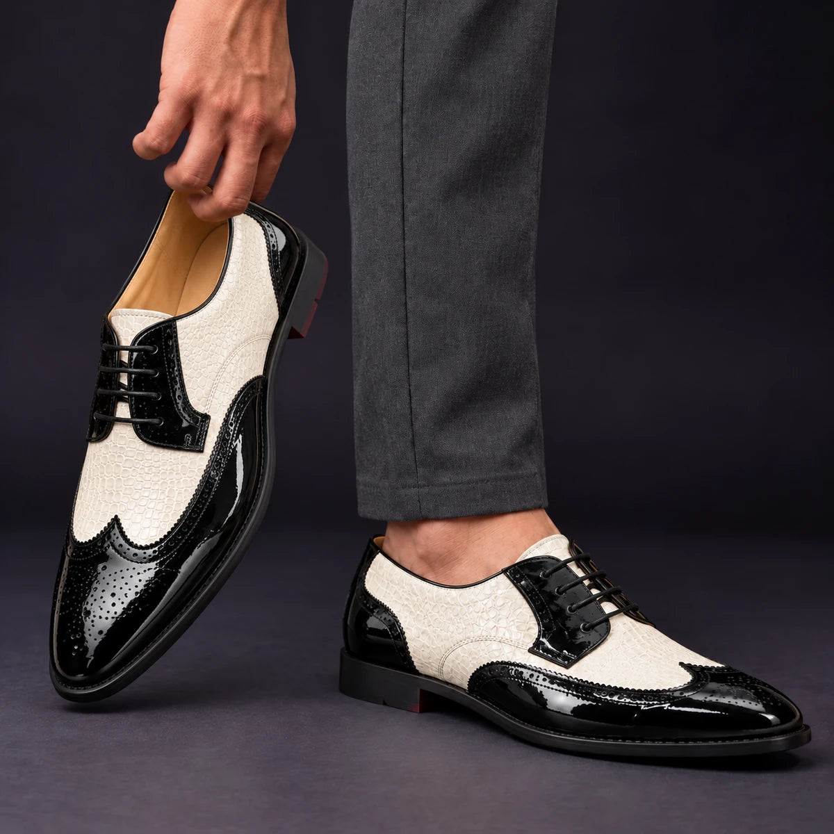 Leather Oxfords | Sven White model handheld, matching left and right pair