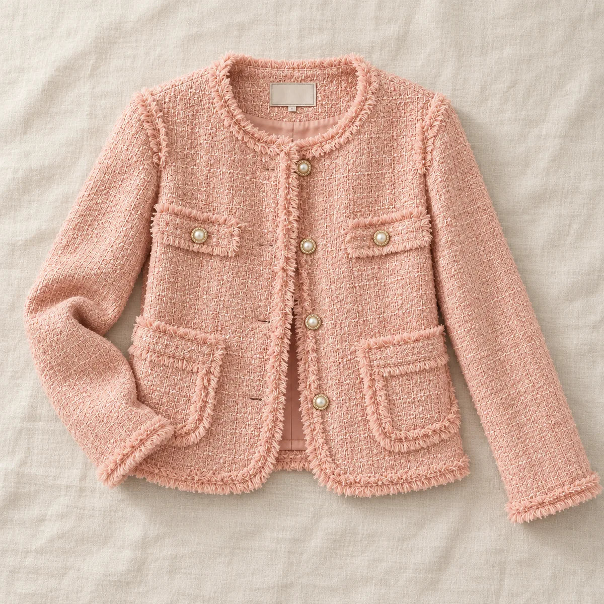 Textured Fringe Blazer | Nola in Blush Pink, overhead linen flat lay