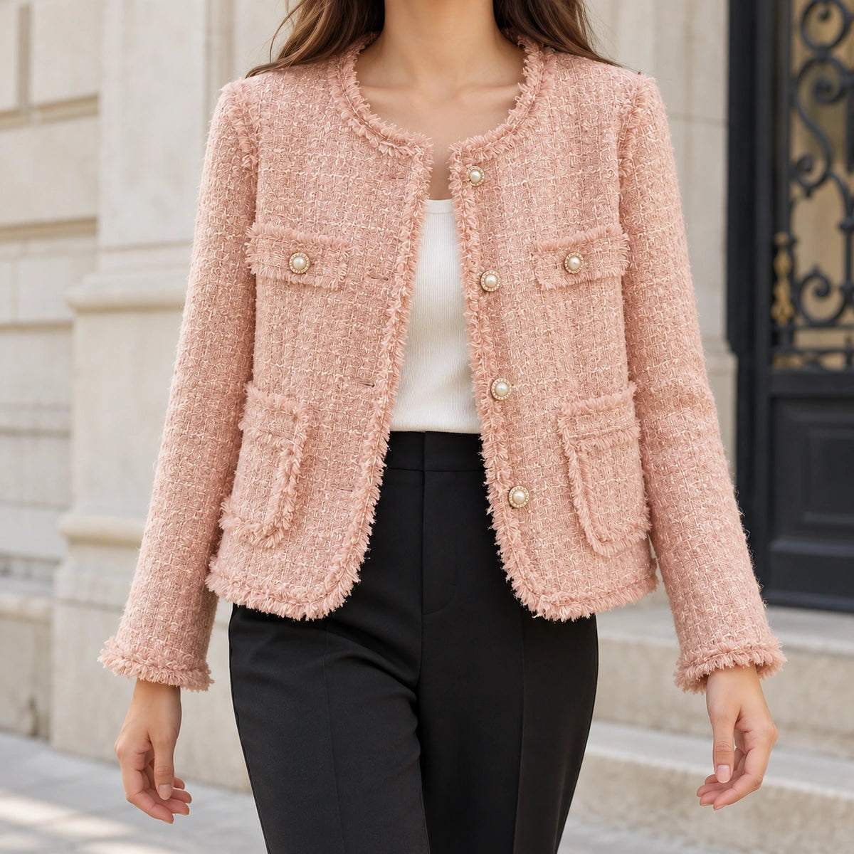 Textured Fringe Blazer | Nola in Blush Pink, neck down lifestyle view