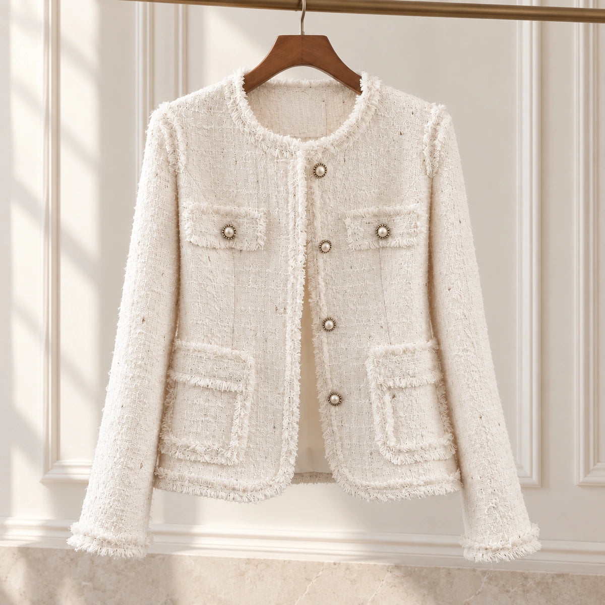Textured Fringe Blazer | Nola in Ivory, editorial front view