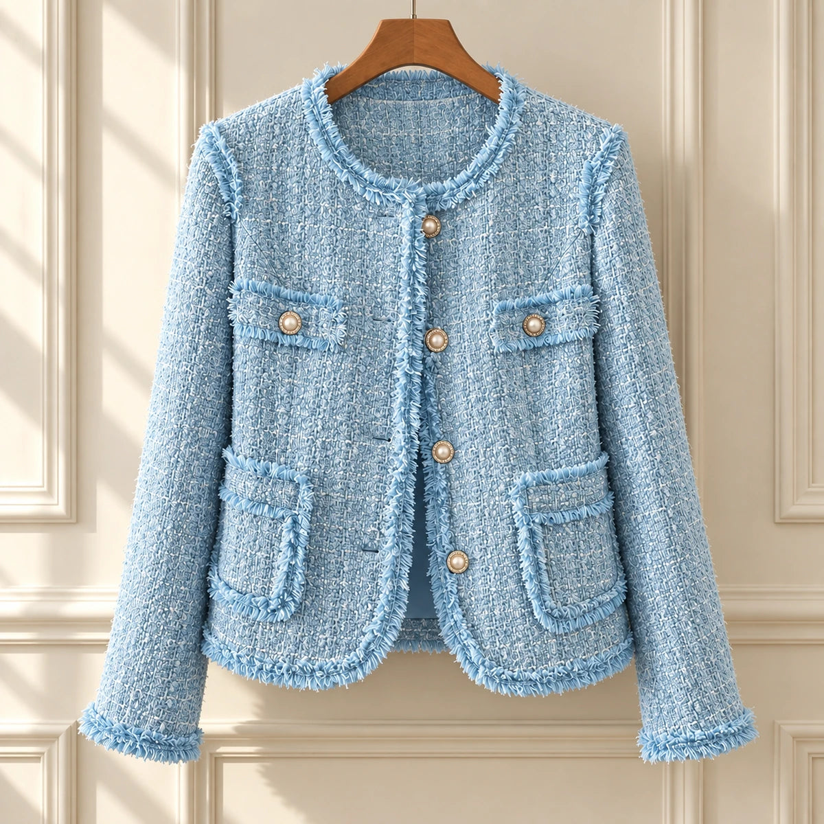 Textured Fringe Blazer | Nola in Light Blue, editorial front view