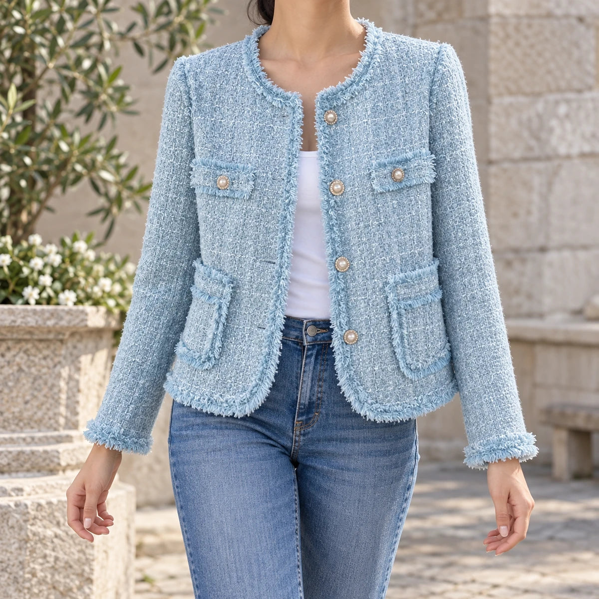Textured Fringe Blazer | Nola in Light Blue, neck down lifestyle view