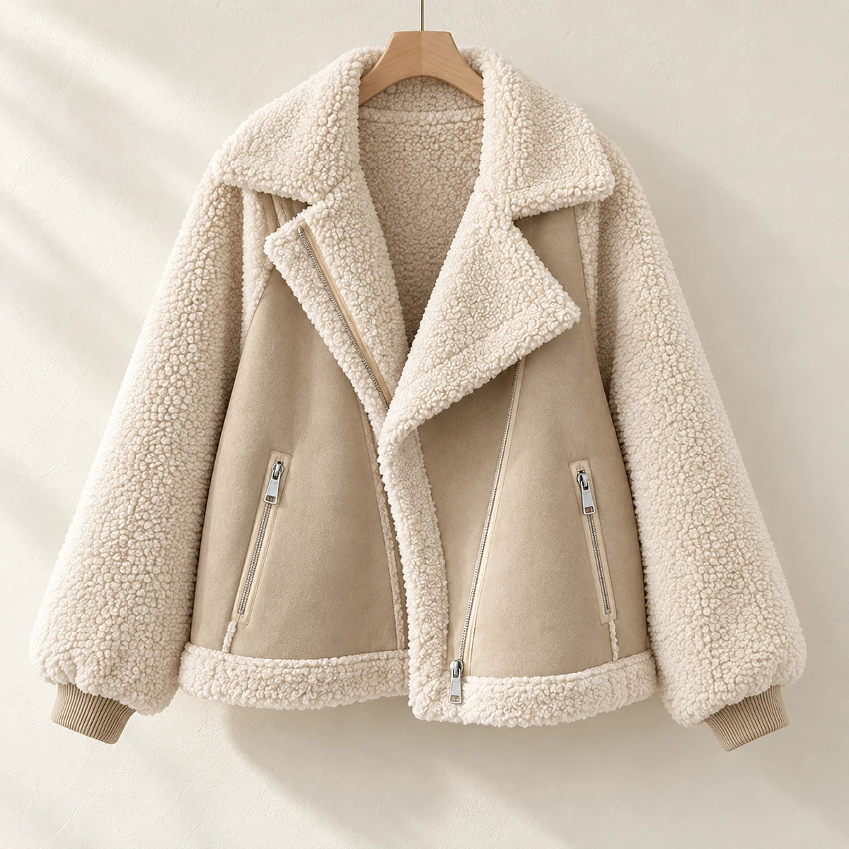 Suede Panel Sherpa Jacket | Annelise in Beige front view