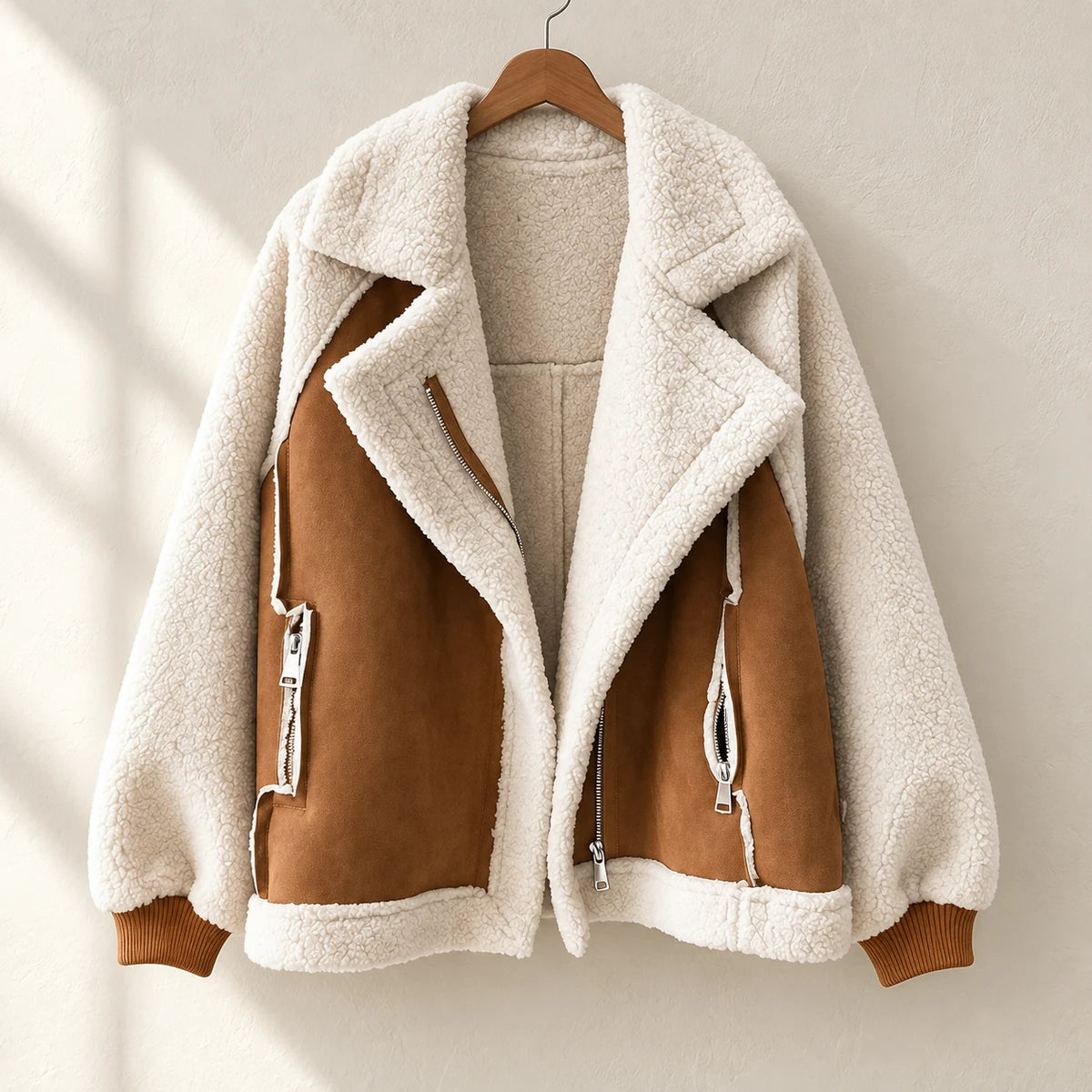 Suede Panel Sherpa Jacket | Annelise in Brown front view