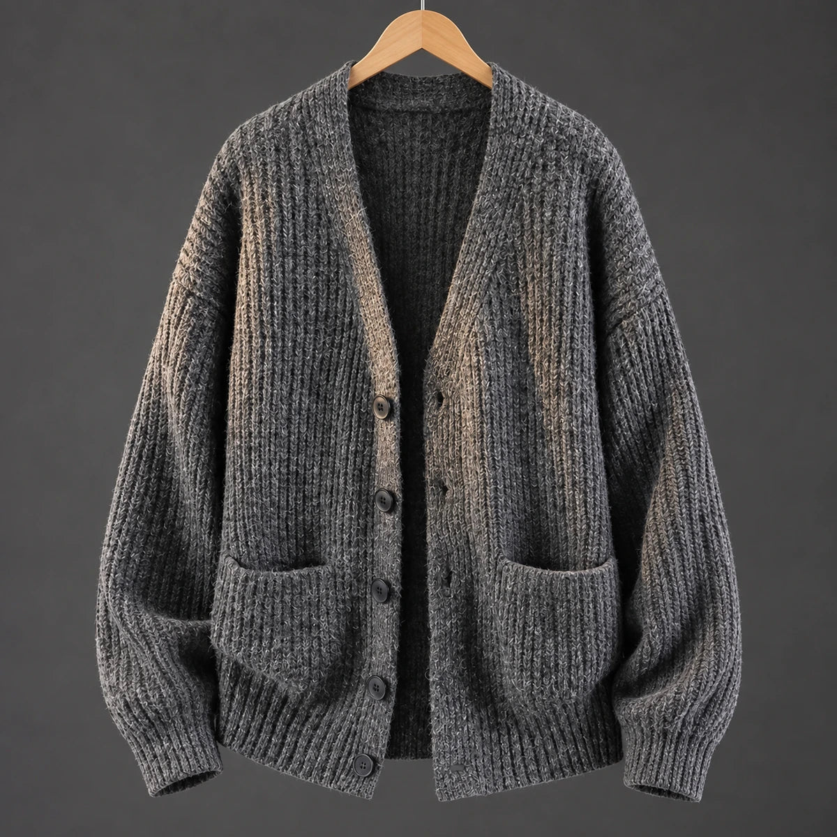 Textured V Neck Cardigan | Ellis in Charcoal, front hanging studio view