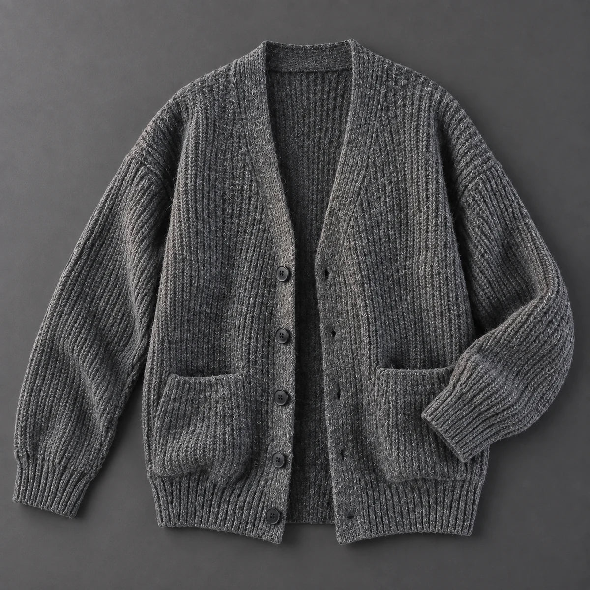 Textured V Neck Cardigan | Ellis in Charcoal, top down studio flat lay