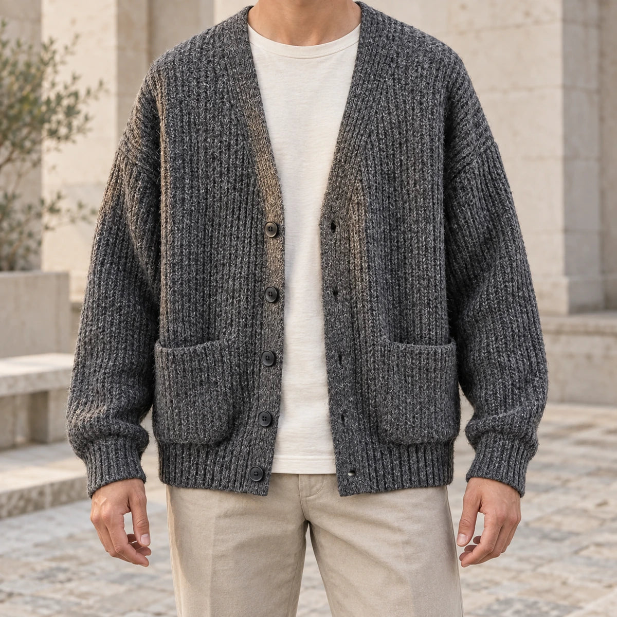 Textured V Neck Cardigan | Ellis in Charcoal, neck down lifestyle view