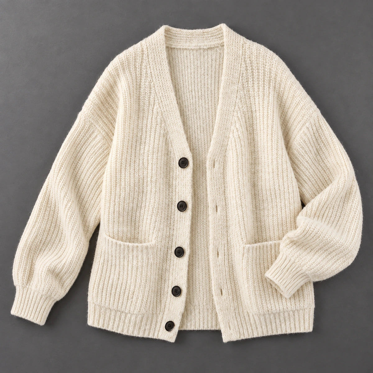 Textured V Neck Cardigan | Ellis in Ivory, top down studio flat lay