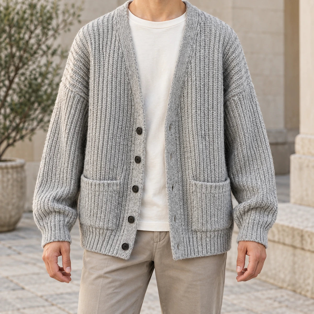 Textured V Neck Cardigan | Ellis in Light Gray, neck down lifestyle view