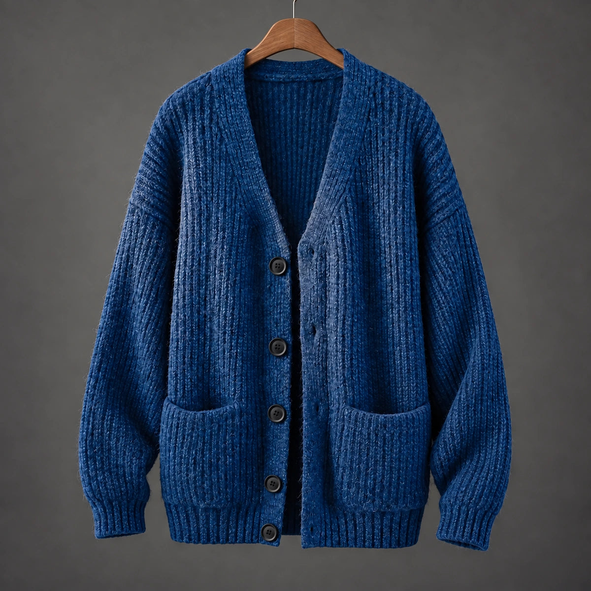 Textured V Neck Cardigan | Ellis in Navy Blue, front hanging studio view