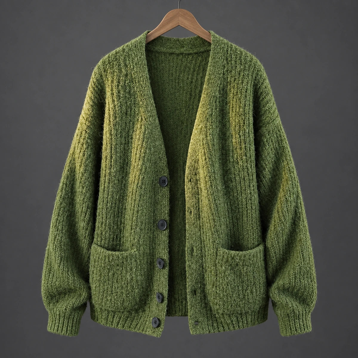 Textured V Neck Cardigan | Ellis in Olive Green, front hanging studio view