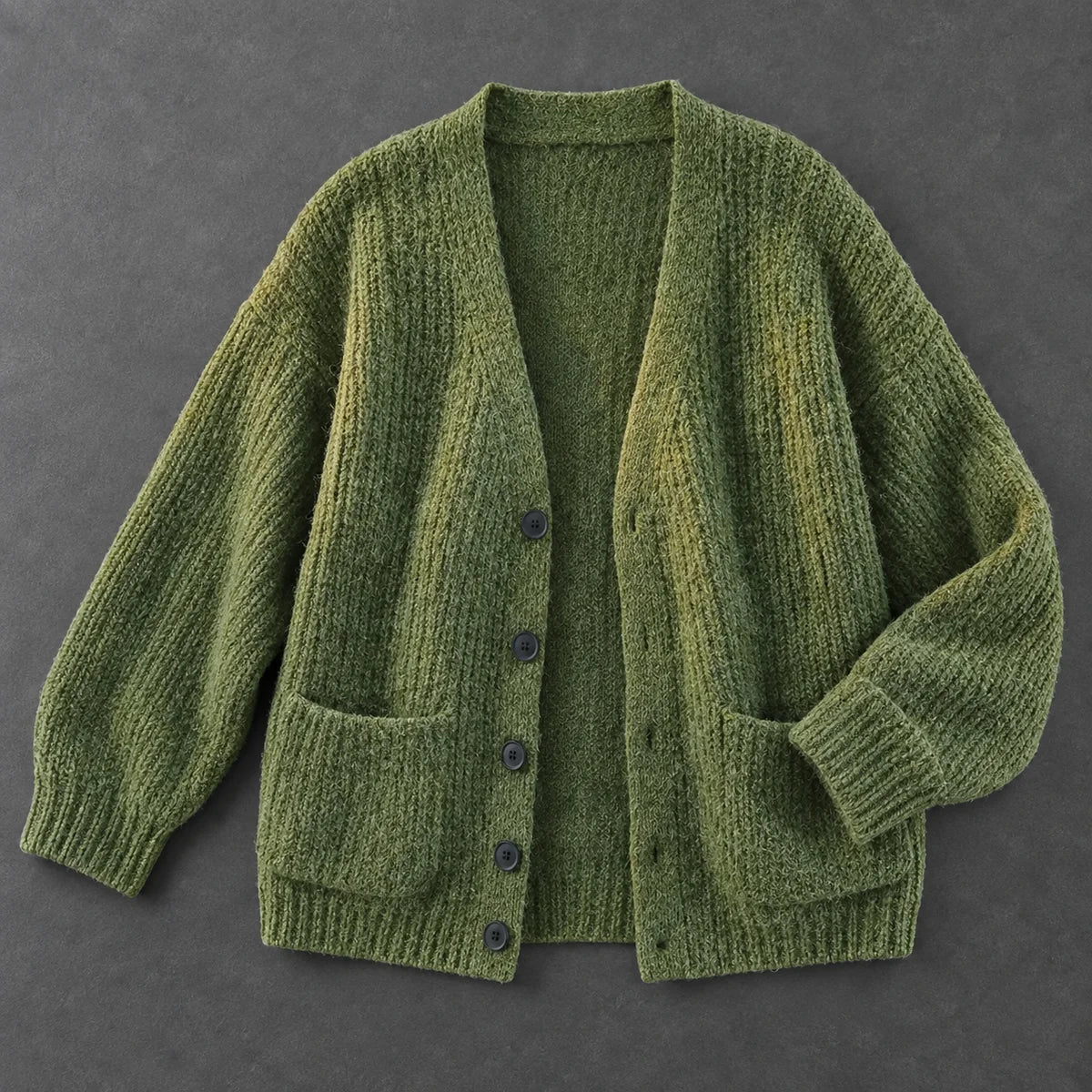 Textured V Neck Cardigan | Ellis in Olive Green, top down studio flat lay