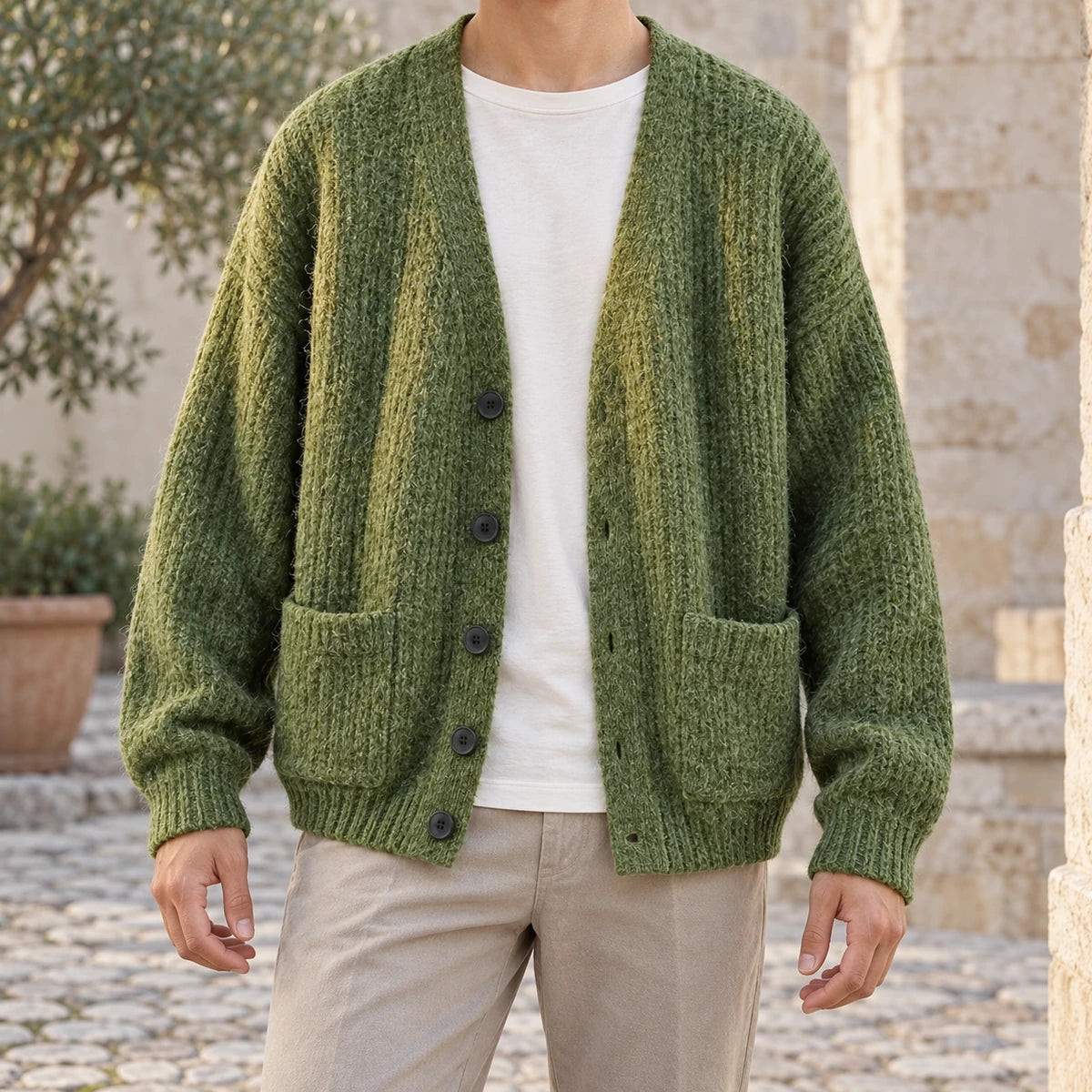 Textured V Neck Cardigan | Ellis in Olive Green, neck down lifestyle view