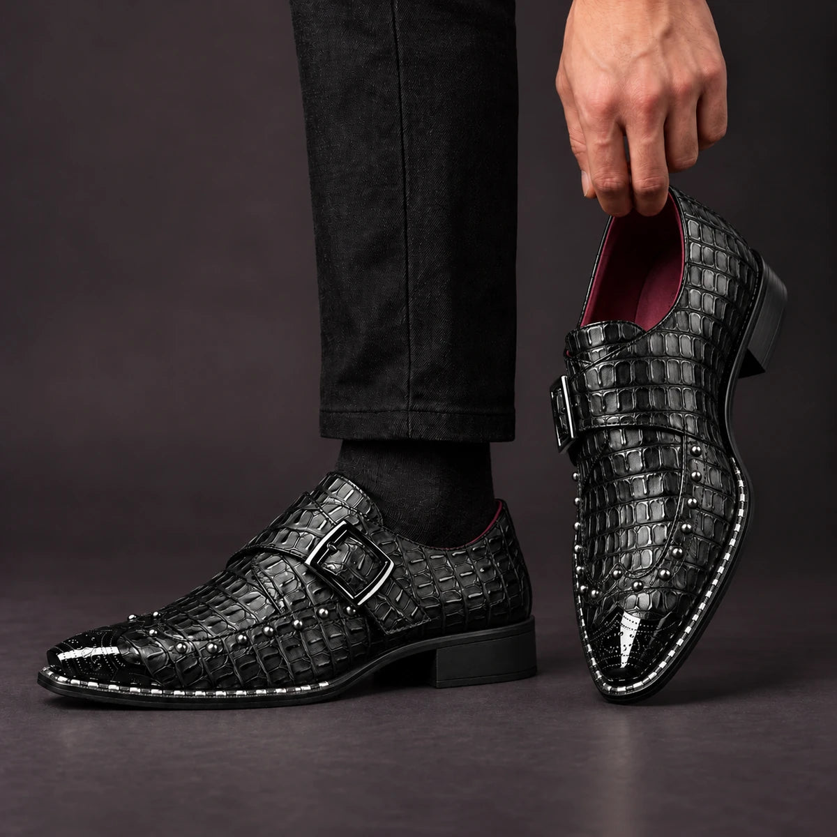 Leather Monk Shoes | Vasili Black model handheld, matching left and right pair