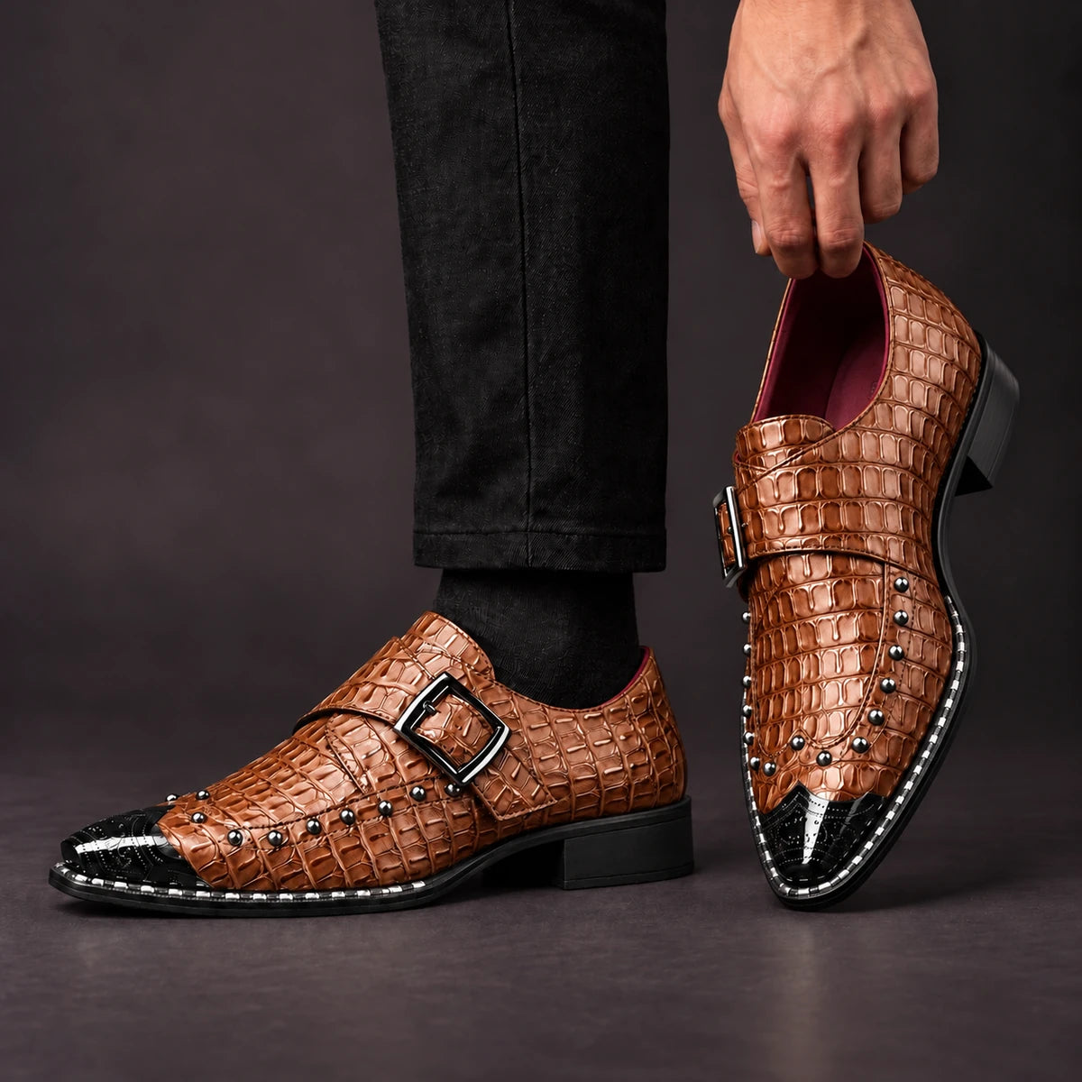 Leather Monk Shoes | Vasili Brown model handheld, matching left and right pair