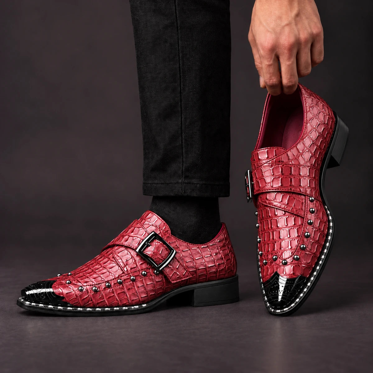 Leather Monk Shoes | Vasili Red model handheld, matching left and right pair