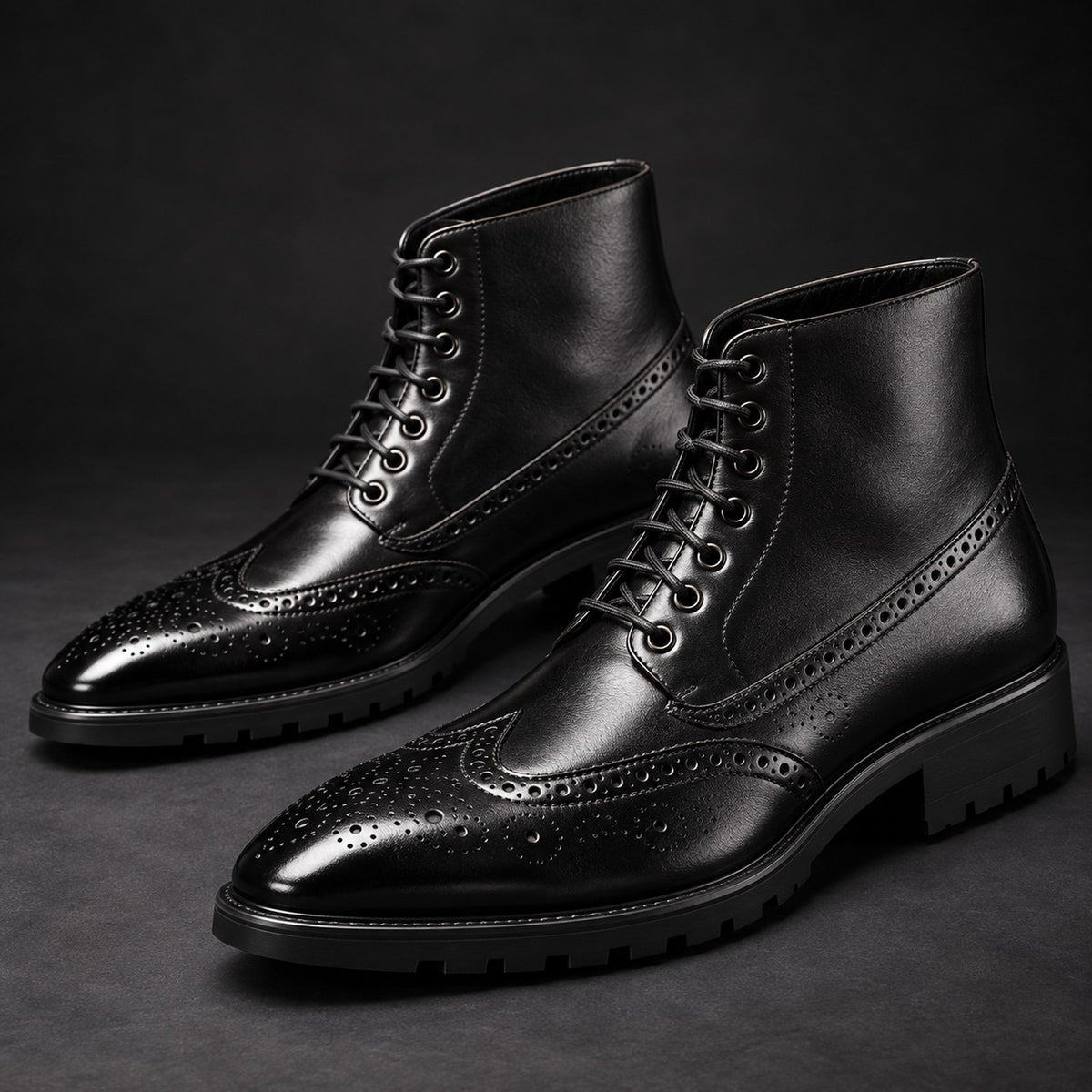 Vittorio Brogue Lace-Up Boots in Black studio pair
