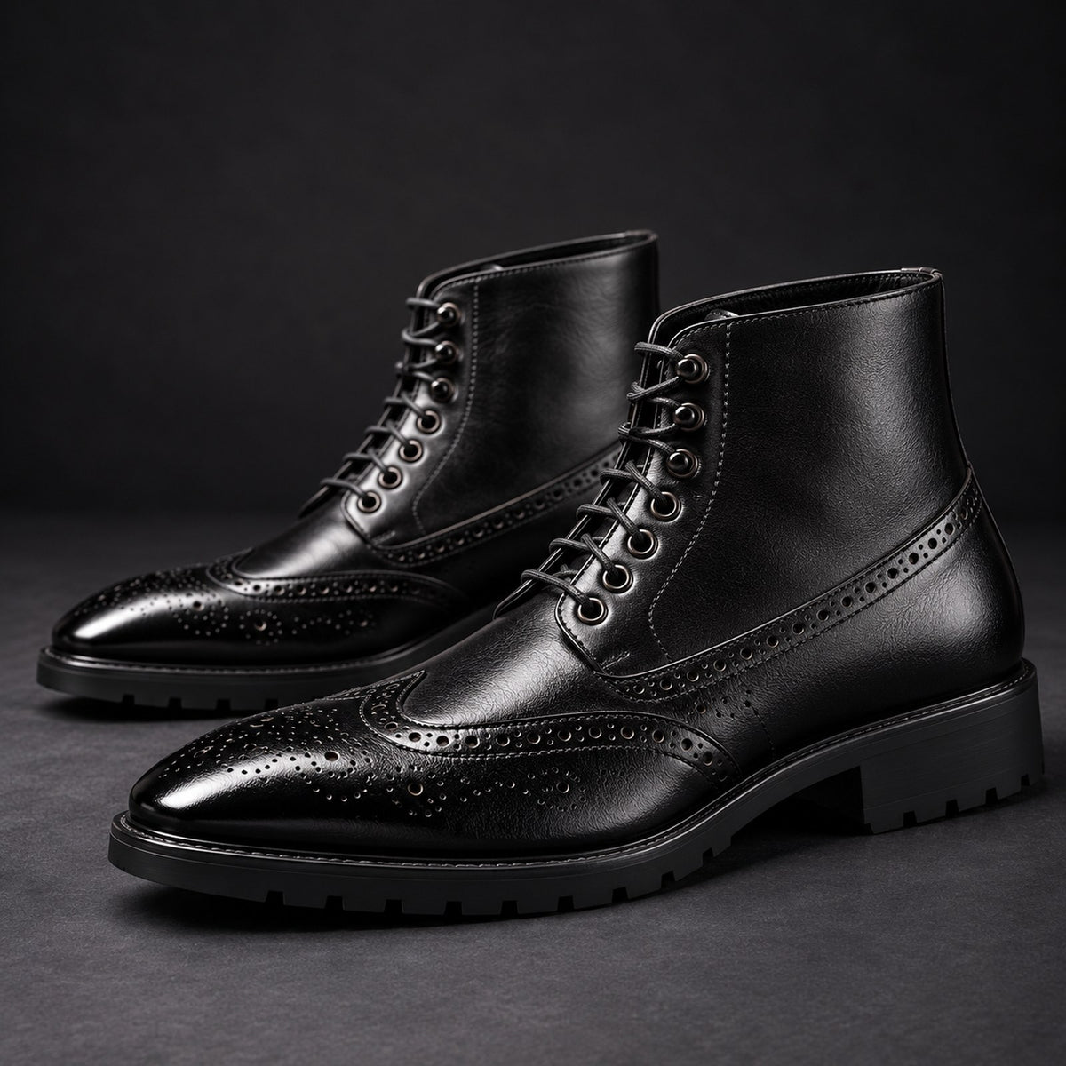 Vittorio Brogue Lace-Up Boots in Black side detail