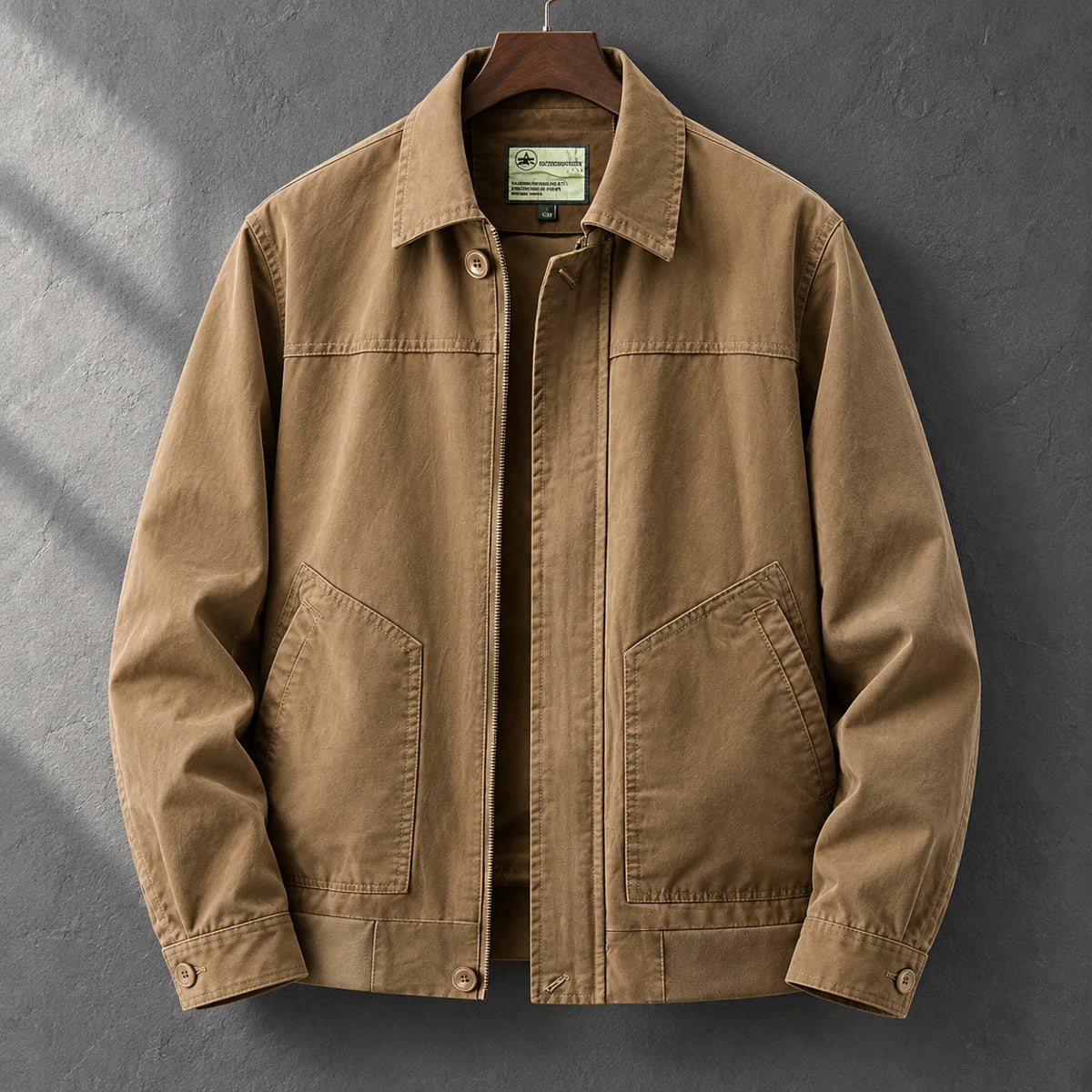 Cotton Jacket | Hugo Brown front hanging garment on graphite plaster wall