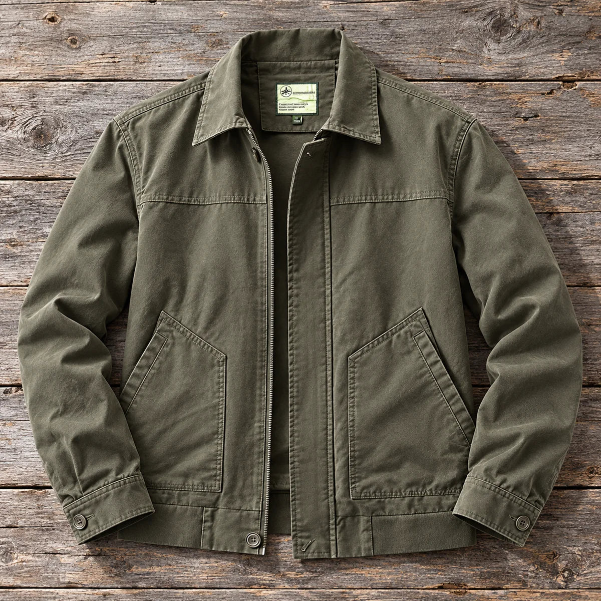 Cotton Jacket | Hugo Green true overhead flat lay on weathered gray timber