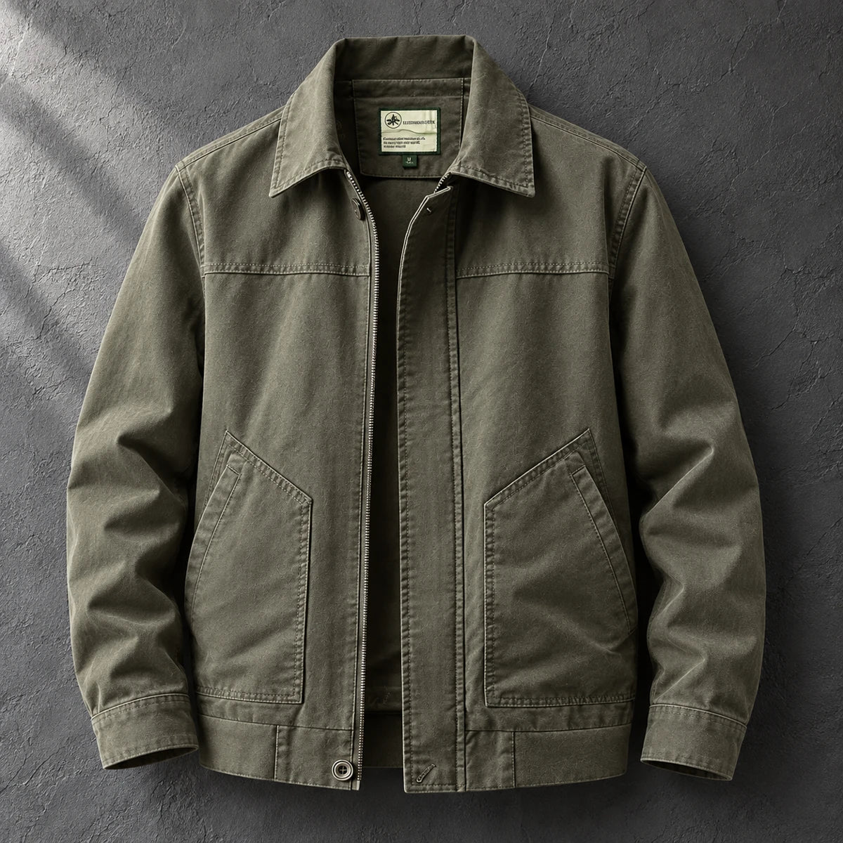 Cotton Jacket | Hugo Green front hanging garment on graphite plaster wall