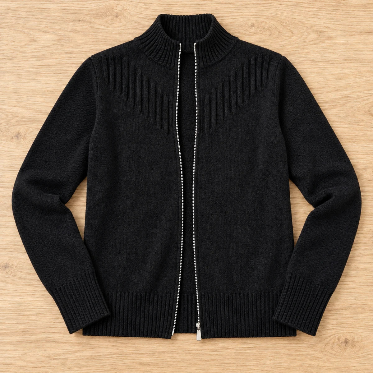 Wool Blend Cardigan | Dahlia in Black overhead flat lay view