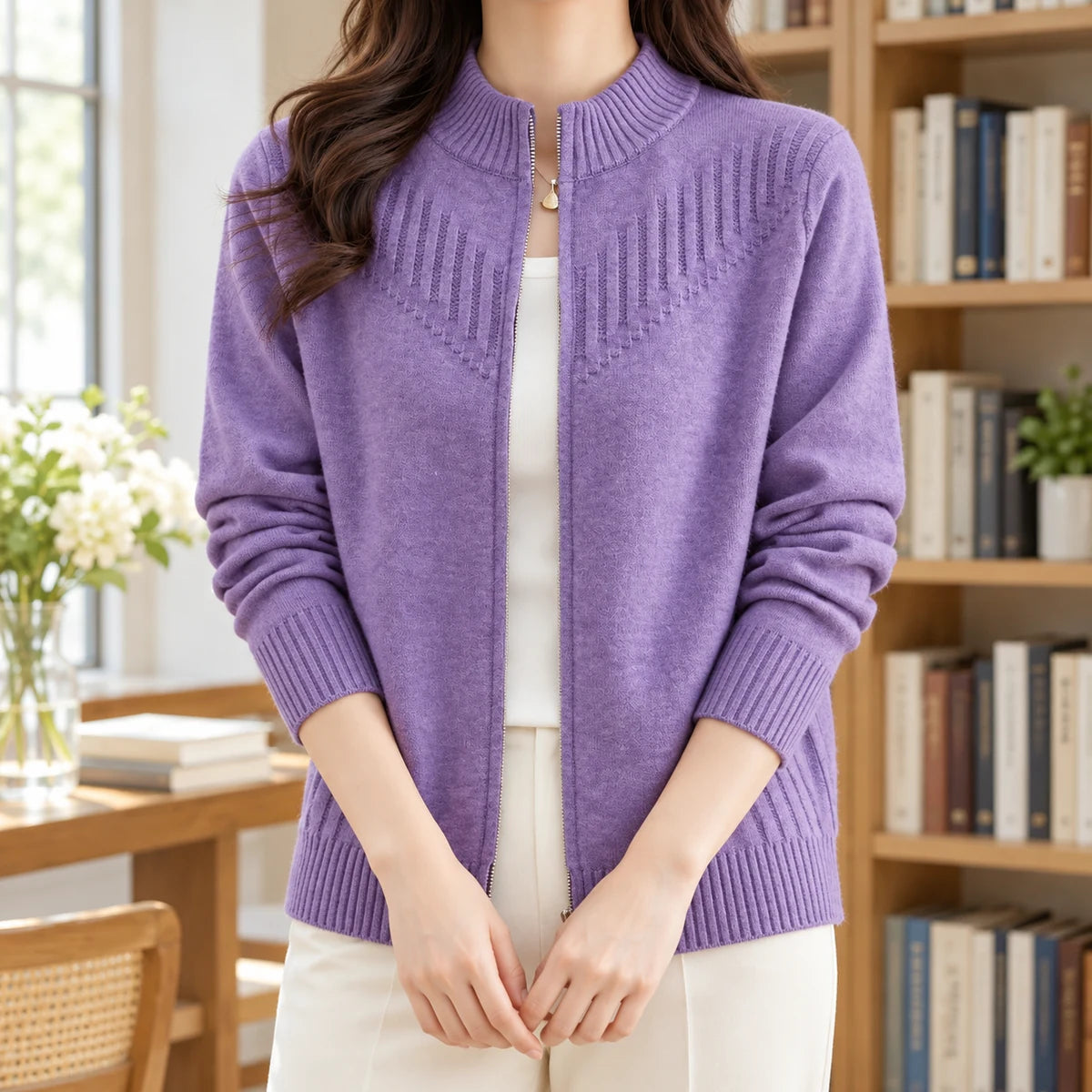 Wool Blend Cardigan | Dahlia in Purple neck down lifestyle view