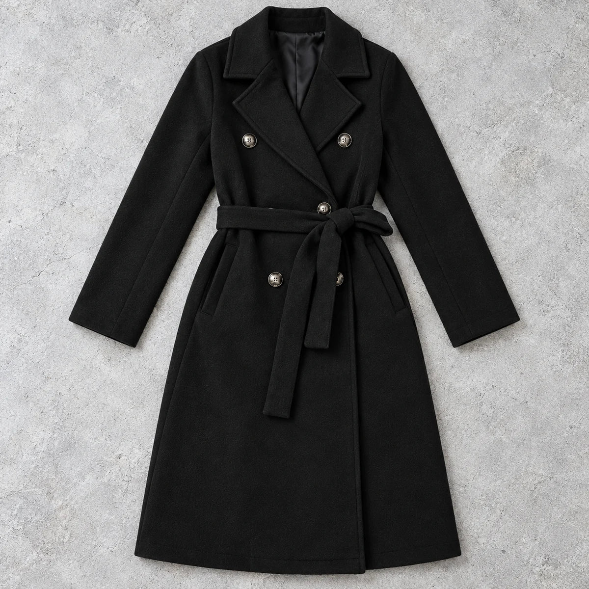 Genuine Wool Coat | Alessia in Black overhead flat lay