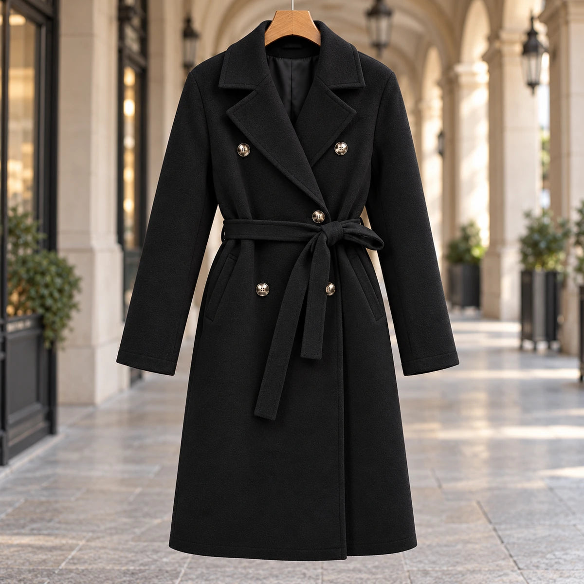 Genuine Wool Coat | Alessia in Black front garment view
