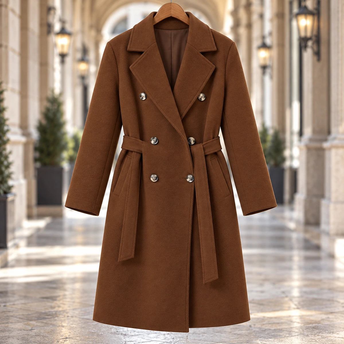 Genuine Wool Coat | Alessia in Brown front garment view