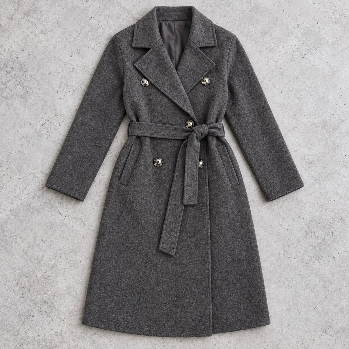 Genuine Wool Coat | Alessia in Dark Gray overhead flat lay