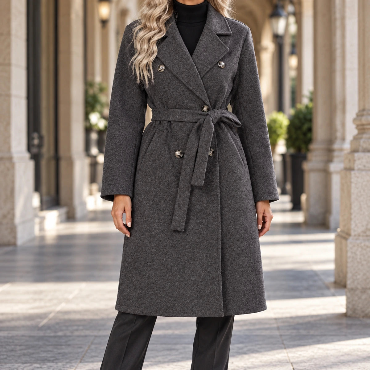 Genuine Wool Coat | Alessia in Dark Gray neck down lifestyle view