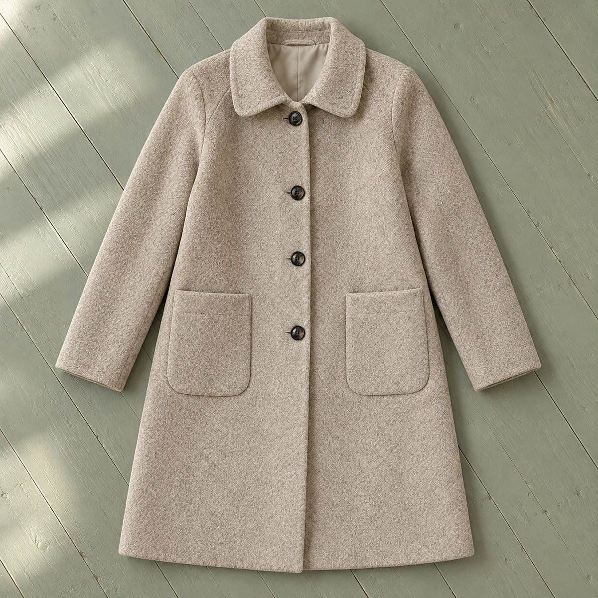 Genuine Wool Coat | Celina in Beige overhead flat lay