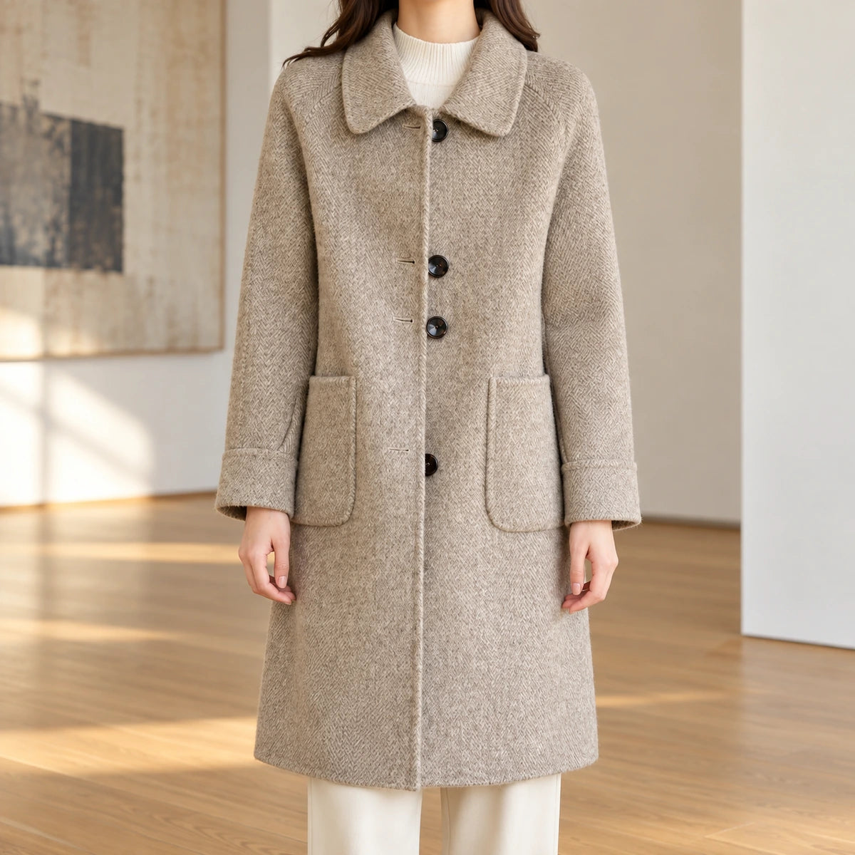 Genuine Wool Coat | Celina in Beige neck down lifestyle view