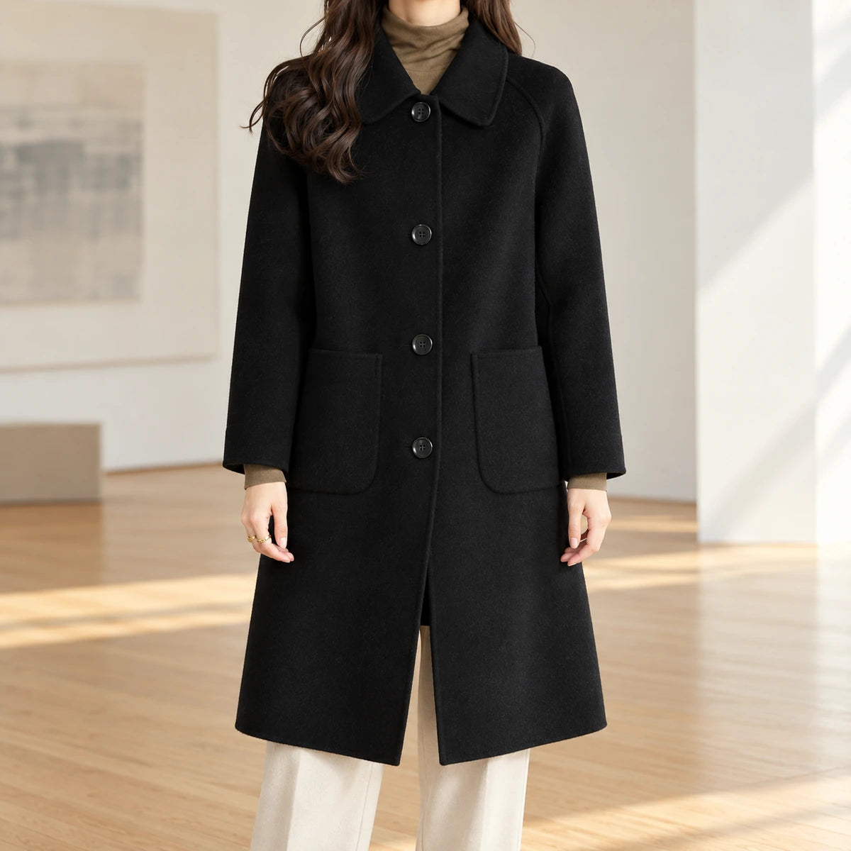 Genuine Wool Coat | Celina in Black neck down lifestyle view