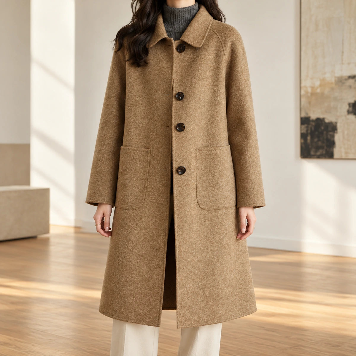 Genuine Wool Coat | Celina in Brown neck down lifestyle view