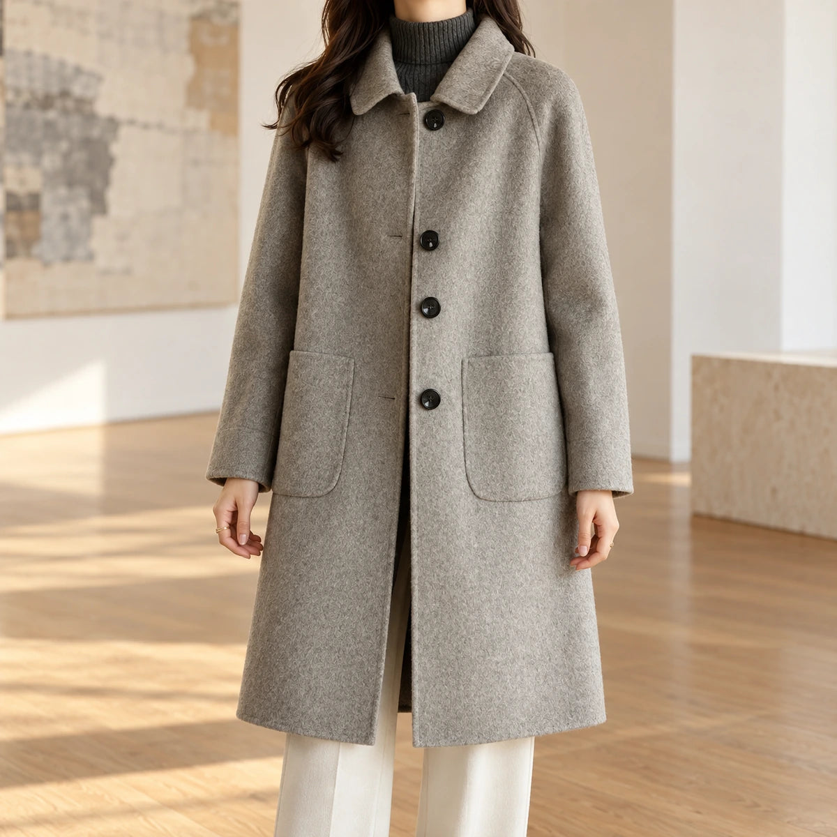 Genuine Wool Coat | Celina in Gray neck down lifestyle view